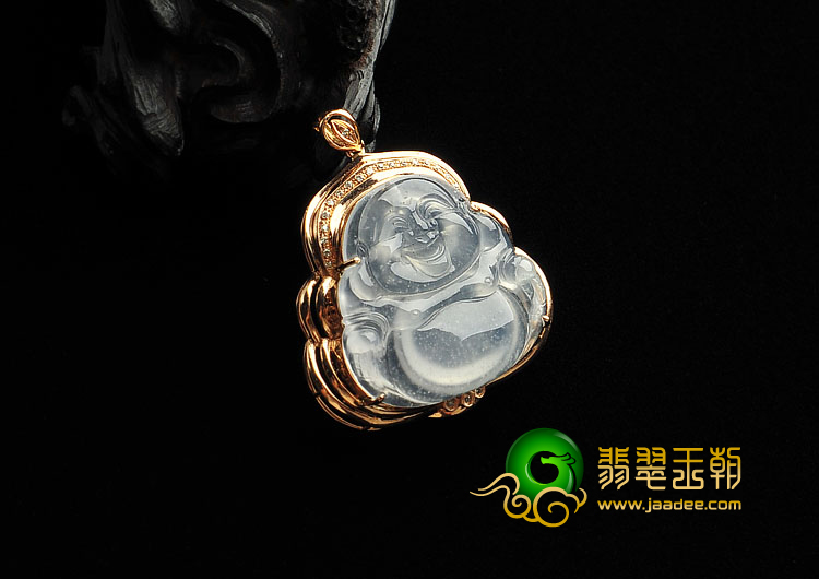冰玻种无色缅甸翡翠A货镶玫瑰金玉佛胸坠(真钻)