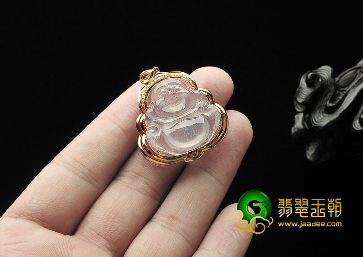 冰玻种无色缅甸翡翠A货镶玫瑰金玉佛胸坠(真钻)