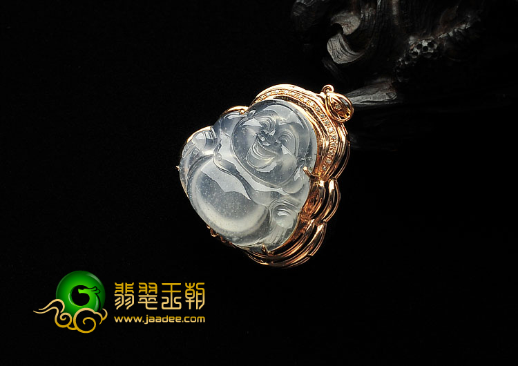 冰玻种无色缅甸翡翠A货镶玫瑰金玉佛胸坠(真钻)