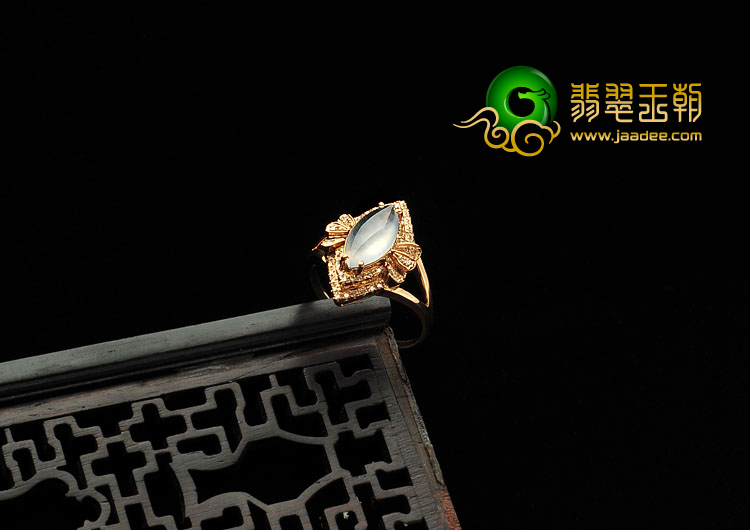 冰玻种无色缅甸翡翠A货镶玫瑰金马眼戒指(真钻)