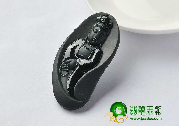 冰种墨翠缅甸翡翠A货站观音挂件
