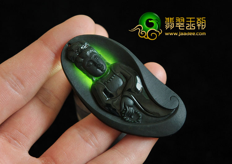 冰种墨翠缅甸翡翠A货站观音挂件