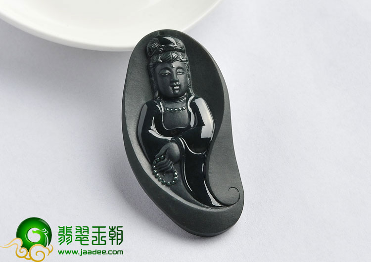 冰种墨翠缅甸翡翠A货站观音挂件