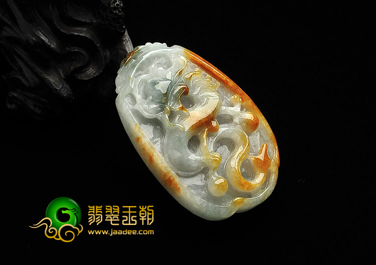 糯冰种褐黄翡飘花缅甸翡翠A货龙牌挂件