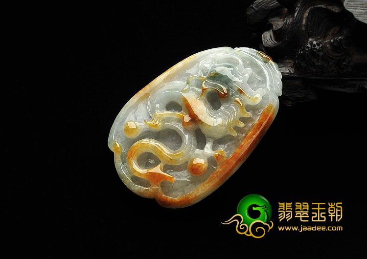 糯冰种褐黄翡飘花缅甸翡翠A货龙牌挂件