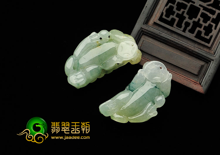 糯冰种黄翡飘花缅甸翡翠A货貔貅挂件(一对)