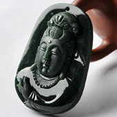糯冰种墨翠缅甸翡翠A货观音头挂件