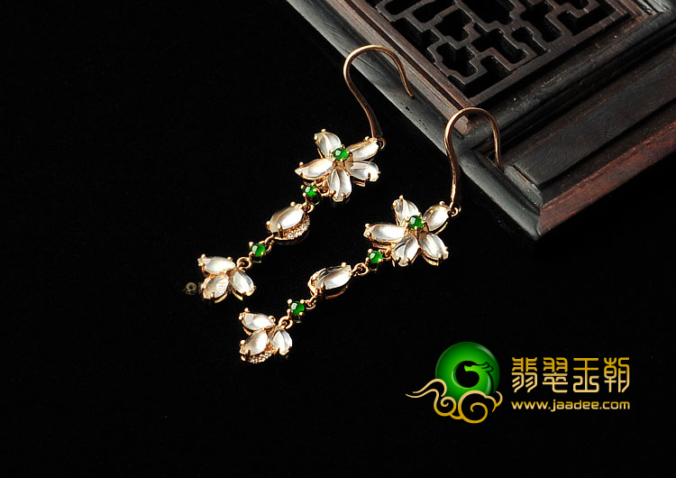 玻璃种无色缅甸翡翠A货镶玫瑰金耳坠(真钻)