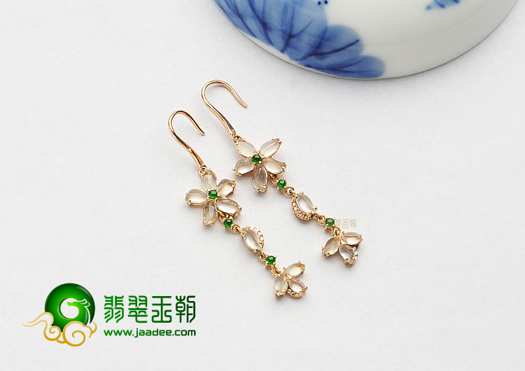 玻璃种无色缅甸翡翠A货镶玫瑰金耳坠(真钻)
