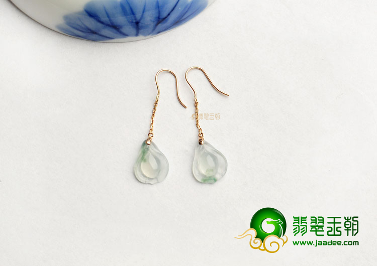 冰种飘花缅甸翡翠A货镶玫瑰金玉兰花耳坠