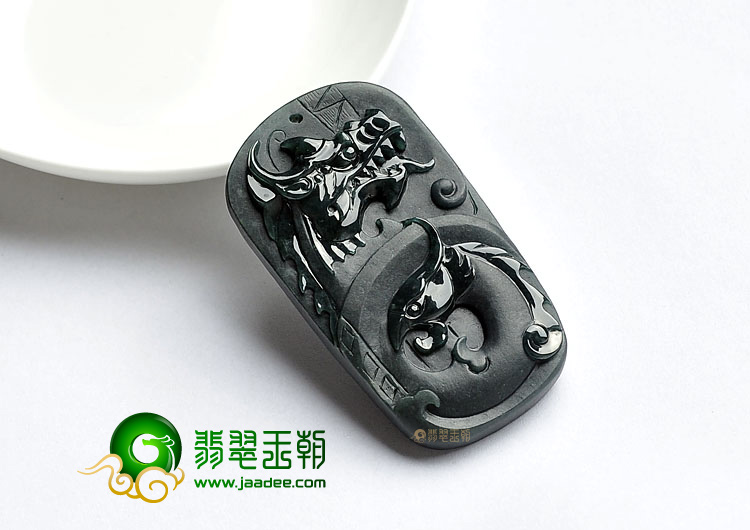 糯冰种墨翠缅甸翡翠A货龙凤呈祥挂件