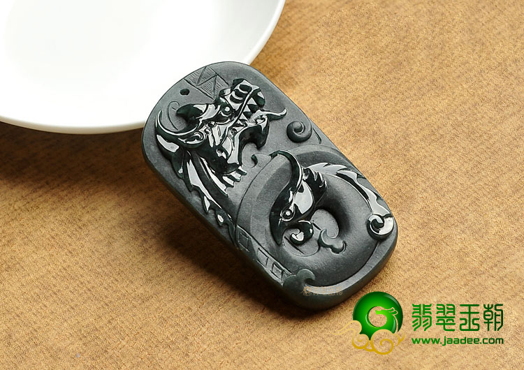 糯冰种墨翠缅甸翡翠A货龙凤呈祥挂件