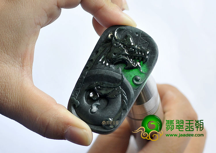 糯冰种墨翠缅甸翡翠A货龙凤呈祥挂件