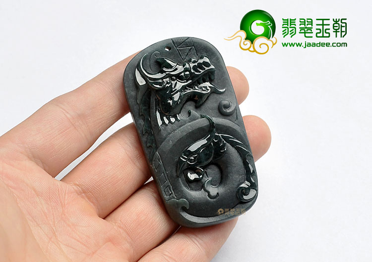 糯冰种墨翠缅甸翡翠A货龙凤呈祥挂件