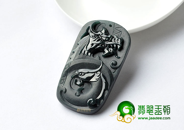 糯冰种墨翠缅甸翡翠A货龙凤呈祥挂件