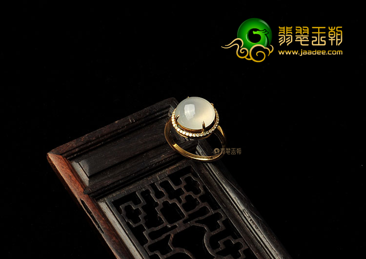 冰种无色缅甸翡翠A货镶玫瑰金戒指(真钻)