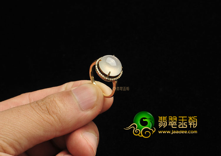 冰种无色缅甸翡翠A货镶玫瑰金戒指(真钻)