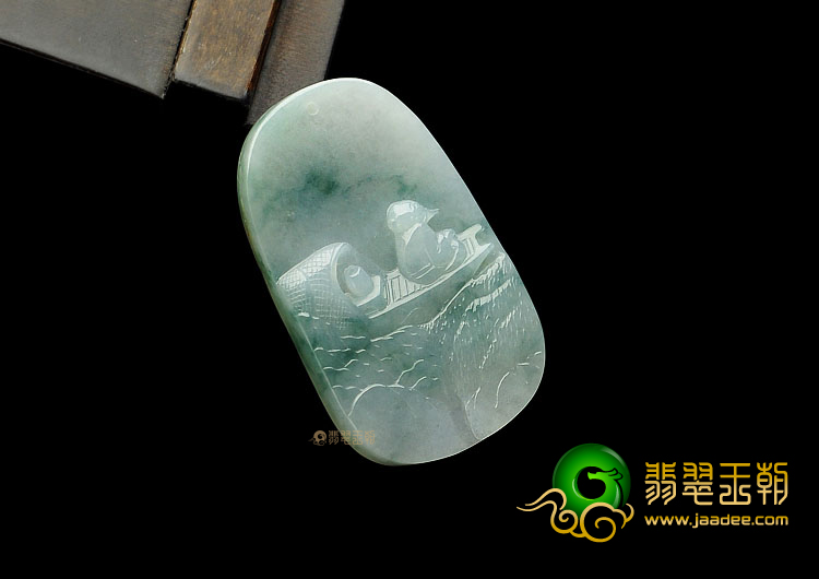 糯冰种飘花缅甸翡翠A货山水牌挂件
