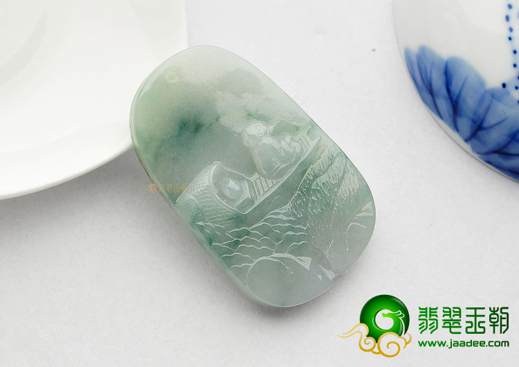 糯冰种飘花缅甸翡翠A货山水牌挂件