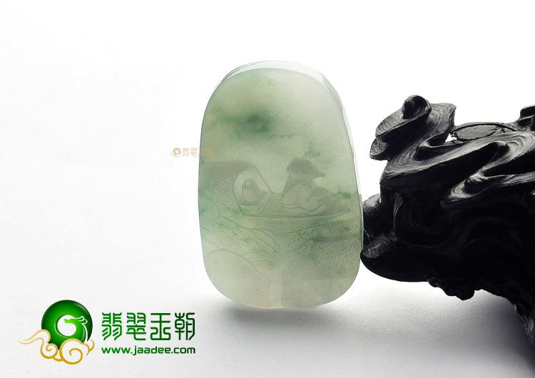 糯冰种飘花缅甸翡翠A货山水牌挂件