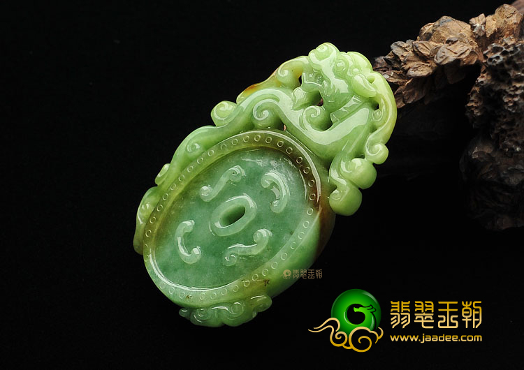 糯冰种褐黄加绿缅甸翡翠A货龙牌挂件