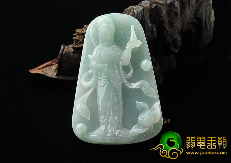 糯冰种晴水缅甸翡翠A货站观音挂件