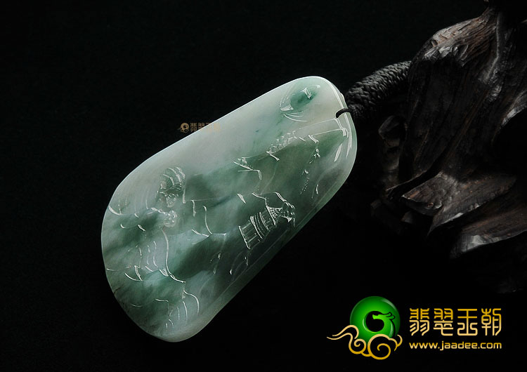 糯冰种飘花缅甸翡翠A货山水牌挂件
