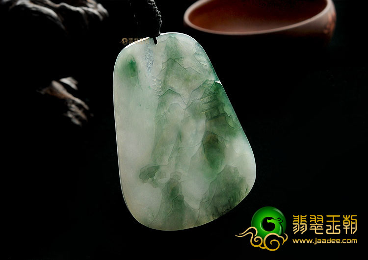 糯冰种飘花缅甸翡翠A货山水牌挂件