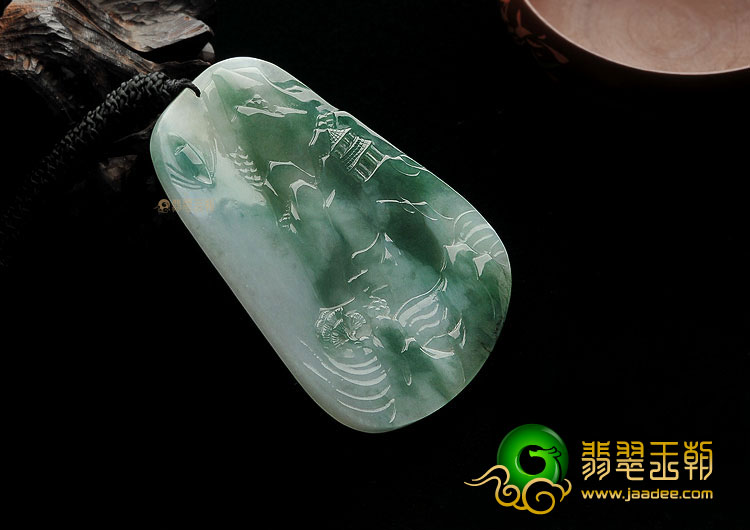 糯冰种飘花缅甸翡翠A货山水牌挂件