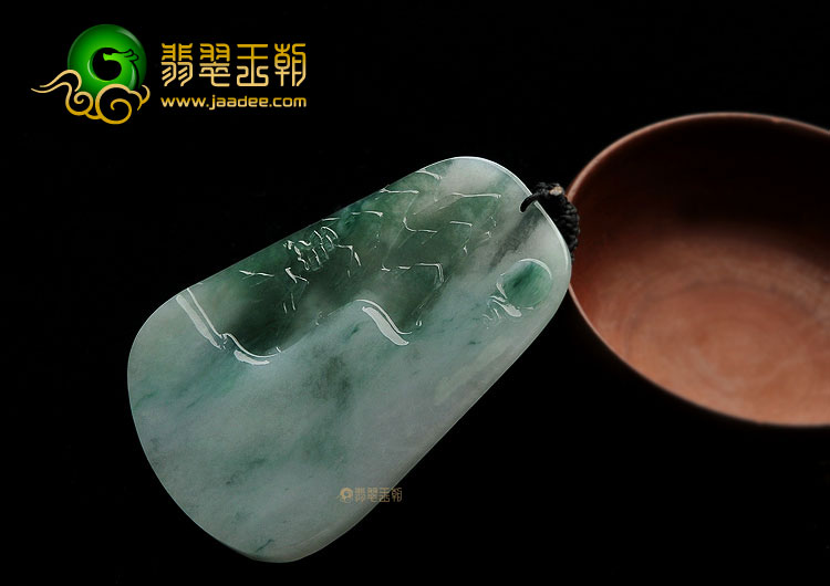 糯冰种飘花缅甸翡翠A货山水牌挂件