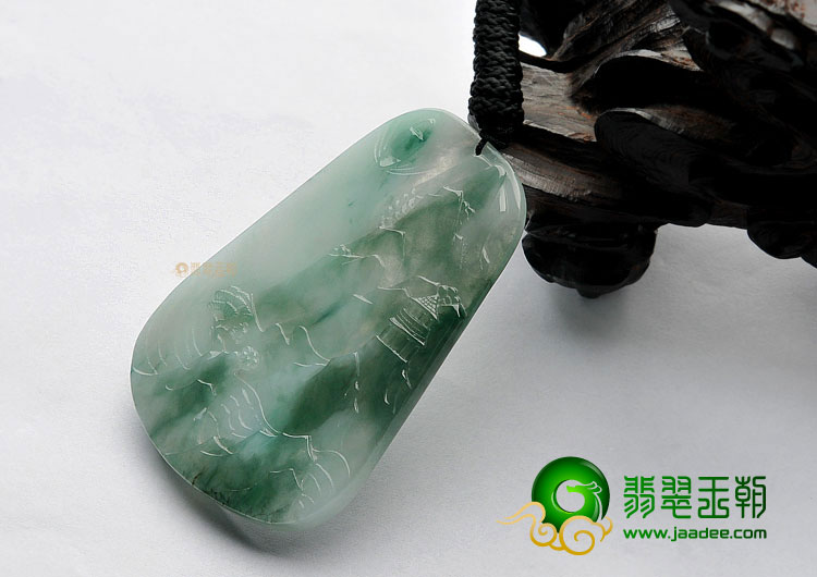 糯冰种飘花缅甸翡翠A货山水牌挂件