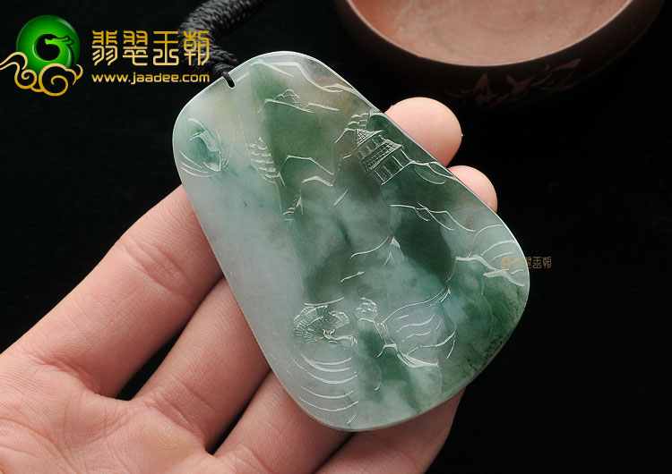 糯冰种飘花缅甸翡翠A货山水牌挂件