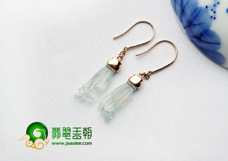 冰玻种略飘花缅甸翡翠A货镶玫瑰金佛手耳坠(真钻)