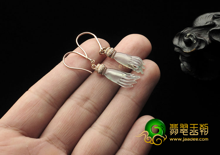 冰玻种略飘花缅甸翡翠A货镶玫瑰金佛手耳坠(真钻)