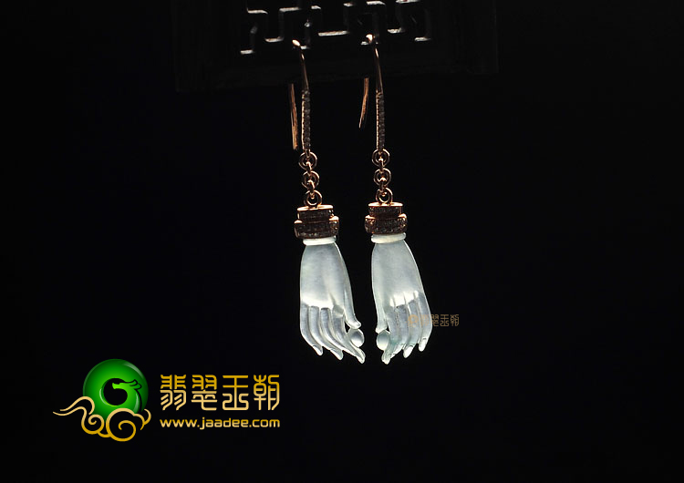 冰玻种略飘花缅甸翡翠A货镶玫瑰金佛手耳坠(真钻)