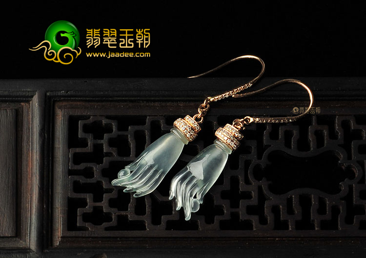 冰玻种略飘花缅甸翡翠A货镶玫瑰金佛手耳坠(真钻)
