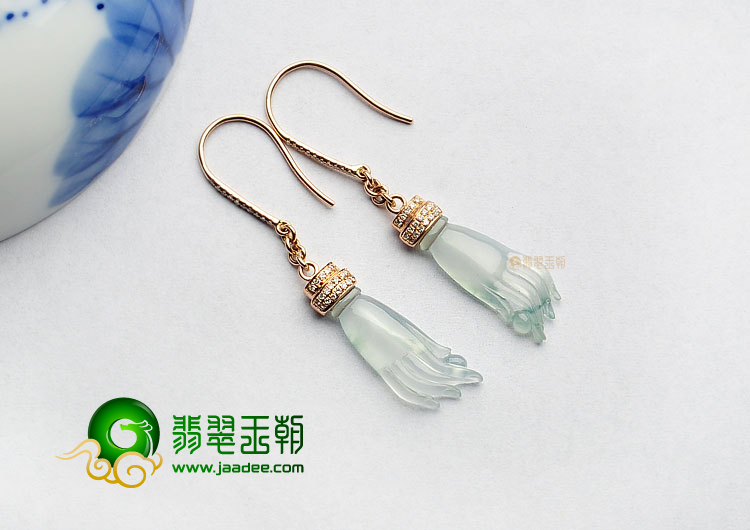 冰玻种略飘花缅甸翡翠A货镶玫瑰金佛手耳坠(真钻)
