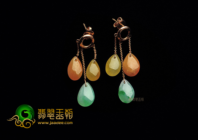 糯冰种三彩缅甸翡翠A货镶玫瑰金耳坠