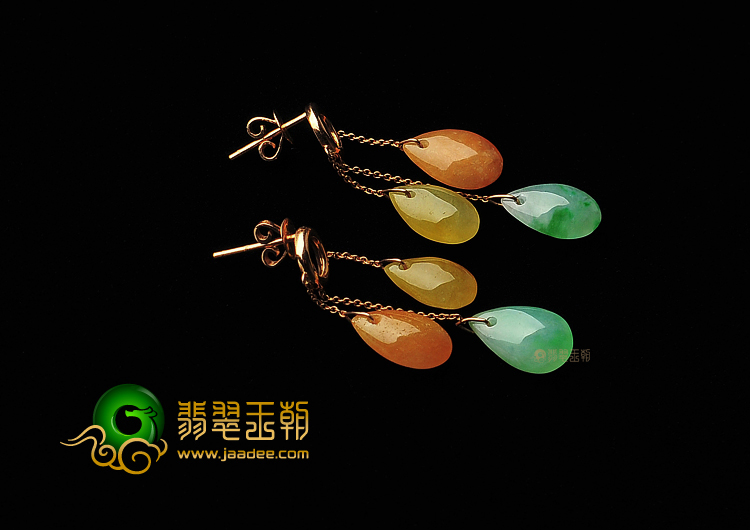 糯冰种三彩缅甸翡翠A货镶玫瑰金耳坠