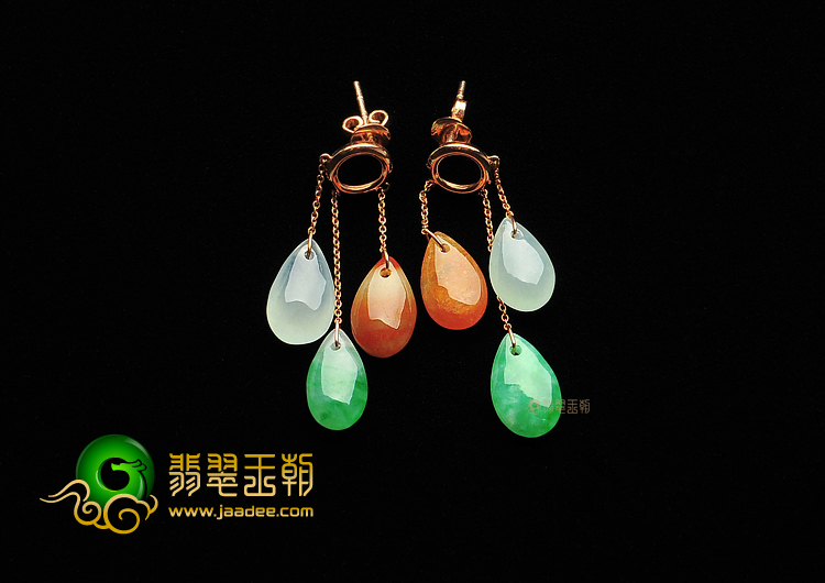 糯冰种三彩缅甸翡翠A货镶玫瑰金耳坠