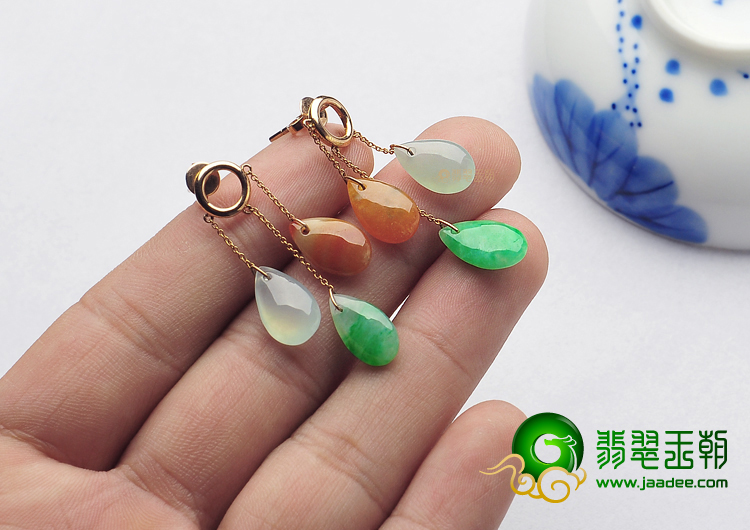 糯冰种三彩缅甸翡翠A货镶玫瑰金耳坠