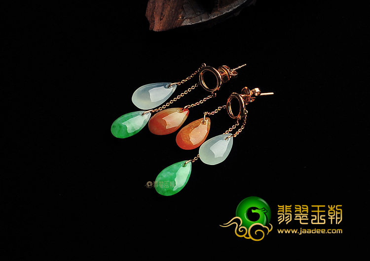 糯冰种三彩缅甸翡翠A货镶玫瑰金耳坠