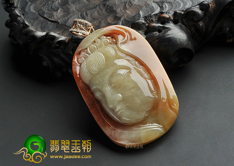糯冰种红黄翡缅甸翡翠A货观音头挂件