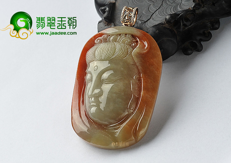 糯冰种红黄翡缅甸翡翠A货观音头挂件