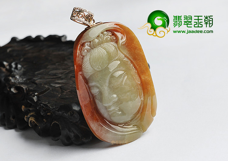 糯冰种红黄翡缅甸翡翠A货观音头挂件