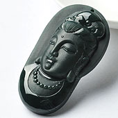 糯冰种墨翠缅甸翡翠A货观音头挂件