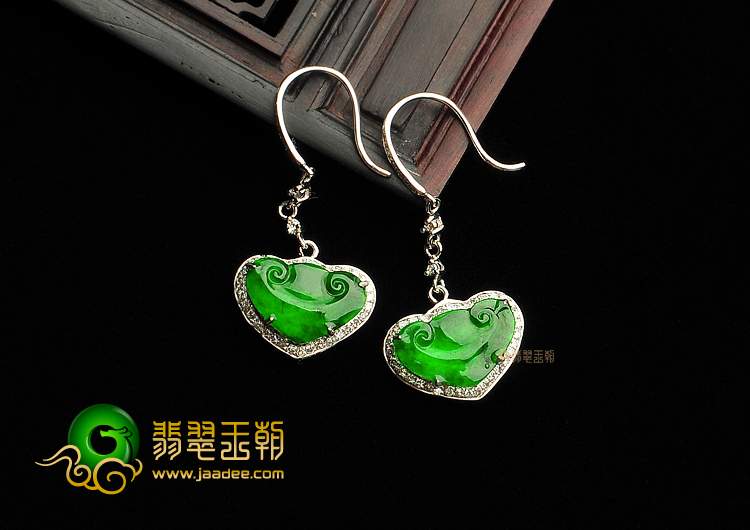冰玻种阳绿缅甸翡翠A货镶白金如意耳坠(真钻)