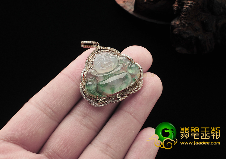 冰种飘花缅甸翡翠A货镶白金玉佛胸坠(真钻)