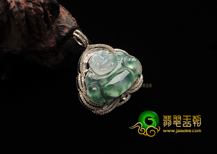 冰种飘花缅甸翡翠A货镶白金玉佛胸坠(真钻)