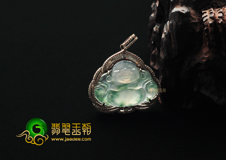冰种飘花缅甸翡翠A货镶白金玉佛胸坠(真钻)
